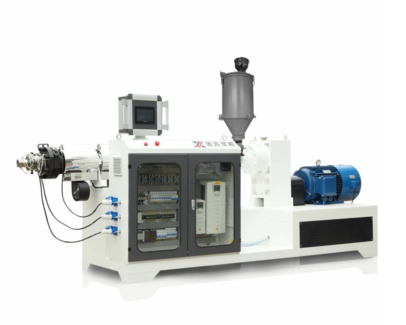 PLC controlled single screw extruder module used for PVC layer extrusion in a PVC braided hose line